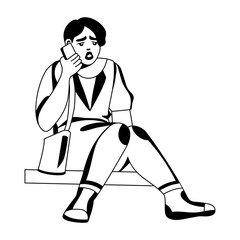 A glyph illustration of an anxious girl calling on a phone 
