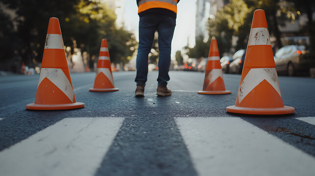 Road worker painting fresh lines on asphalt. Featuring precision and urban upkeep