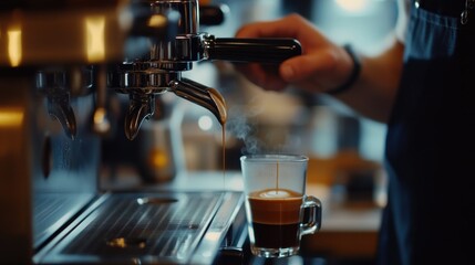 A barista brewing espresso with a machine in a coffee shop. Featuring precision and skill