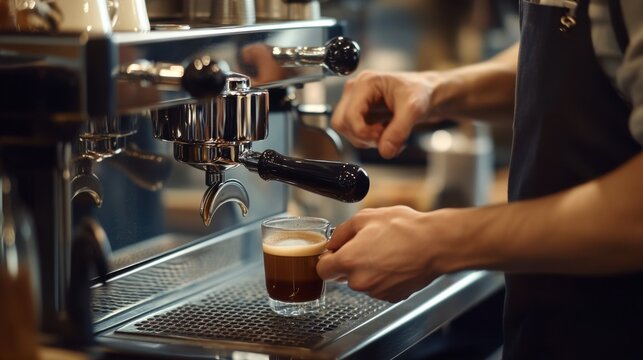 A barista brewing espresso with a machine in a coffee shop. Featuring precision and skill