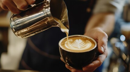 A barista expertly pouring latte art in a modern café. Featuring skill and craftsmanship