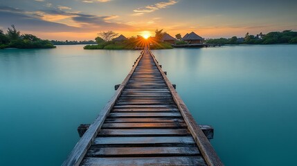 Obraz premium Sunrise Wooden Pier Over Calm Water