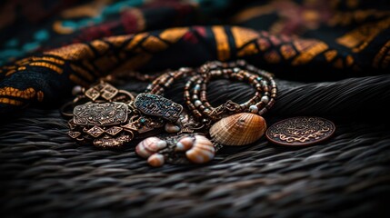 Copper, shell, and beaded jewelry on woven background