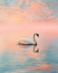 Fototapeta premium A serene scene featuring a swan gliding gracefully across a calm lake, surrounded by soft pastels of sunset in the sky.