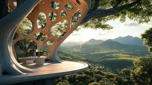 Futuristic treehouse office overlooking lush mountains and valleys during golden hour