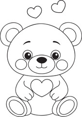 Cute teddy bear outline drawing with heart shapes, cartoon style vector for kids coloring or nursery design
