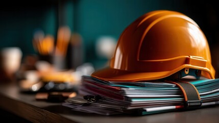 Professional orange safety helmet on construction documents