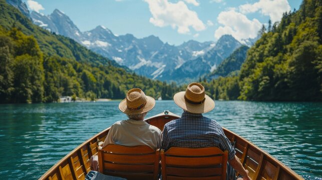 A couple in a boat on a lake with mountains in the background