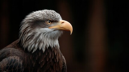 Obraz premium Majestic bald eagle portrait against dark forest background