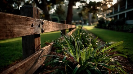 Peaceful rustic wooden fence in suburban garden