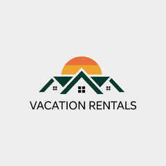 Minimalist Vacation Rentals Logo Design with Stylized House Rooftops and Sunset or Sunrise