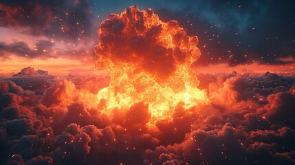 Naklejka premium Cinematic war explosion with mushroom cloud rising sharply against a blank background,generative ai illustration