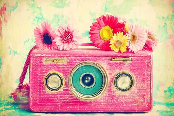 Vintage pink radio adorned with colorful flowers.