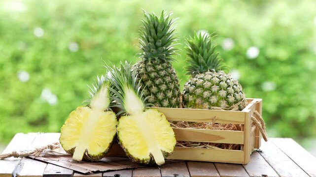Pineapple in basket on green nature background, Pineapple tropical fruit on wooden table.