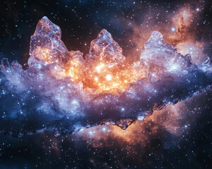 Obraz premium glowing nebula resembling mountain range in space, with vibrant colors and starry background