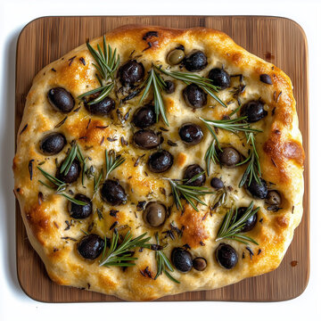 Artisan focaccia bread topped with olives and rosemary on wood  