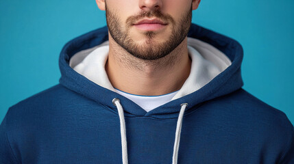 Fototapeta premium Close up of man in blue hoodie on blue background