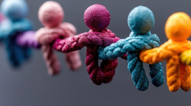 Colorful figures linked by rope against a gray background