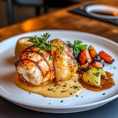 Lobster Tail with Herb Sauce and Roasted Vegetables on Elegant White Plate