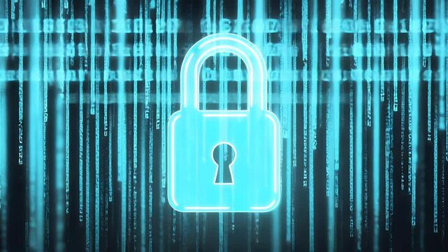 A glowing blue digital padlock symbolizing cybersecurity amidst a backdrop of cascading binary code, representing data protection