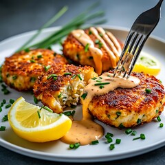 Crispy Crab Cakes with Lemon Wedges and Creamy Sauce on White Plate