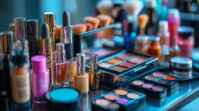 A table full of makeup and beauty products