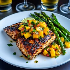 Grilled Salmon with Mango Salsa and Asparagus Served with Lime Wedge on White Plate