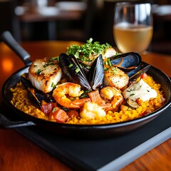 Seafood Paella with Shrimp, Mussels, and Scallops Served in a Cast Iron Pan
