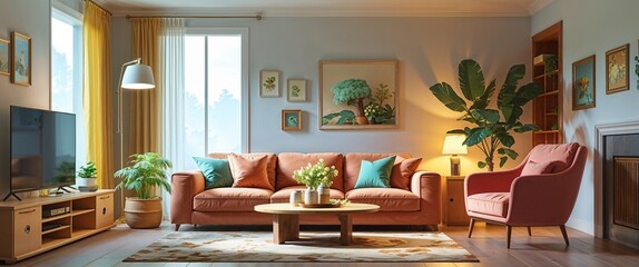 Fototapeta premium cozy living room with soft lighting 3d render scene video game concept background illustration digital artwork