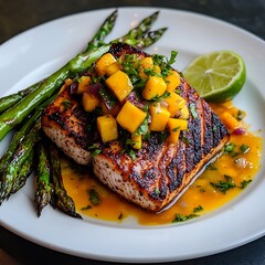 Grilled Salmon with Mango Salsa, Asparagus, and Lime Garnish on White Plate