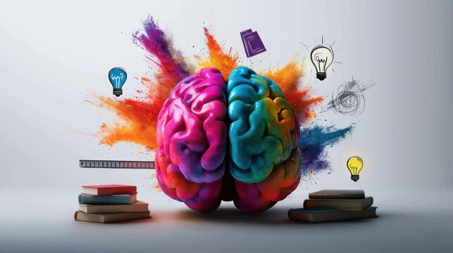 Colorful brain exploding with ideas, surrounded by books and sketches, studio shot