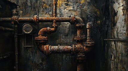 Close-up of decaying iron pipes in a damp, dungeon-like basement, eerie atmosphere with detailed rust and shadows, charcoal and ink mixed media.