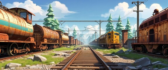 abandoned train yard rusting trains 3d render scene video game concept background illustration digital artwork