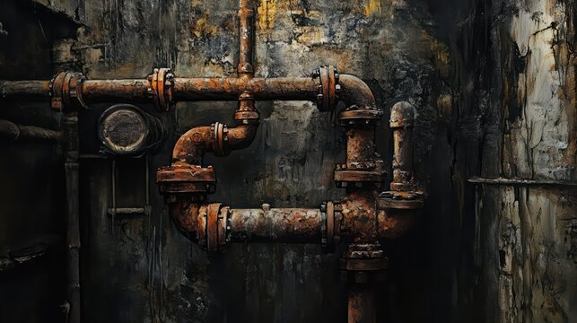Close-up of decaying iron pipes in a damp, dungeon-like basement, eerie atmosphere with detailed rust and shadows, charcoal and ink mixed media.

