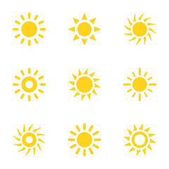 Collection of sun icons in yellow and orange design symbols representing sunlight and sunny weather