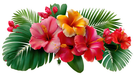 Tropical Hibiscus Floral Arrangement: A vibrant composition featuring a medley of colorful hibiscus blooms, complemented by lush green foliage, creating a visual symphony of tropical paradise.
