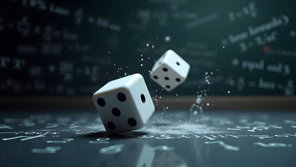 Die hitting perfect corner rebound with material compression visible. Floating physics equations surround it against chalkboard background.