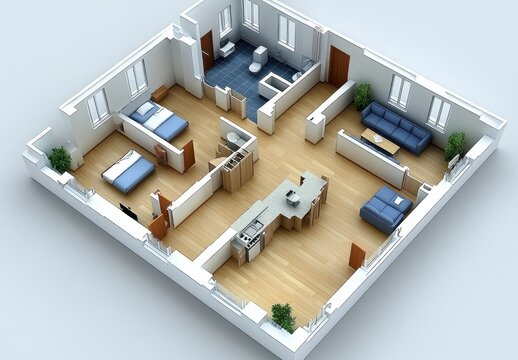Isometric 3D Rendering of Modern Apartment Floor Plan