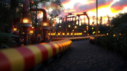 Industrial Pipeline Pathway at Sunset, Tropical Theme Park