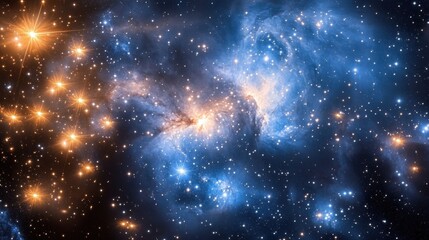 Vivid cosmic scene showcasing a colorful nebula and bright stars in a distant galaxy.