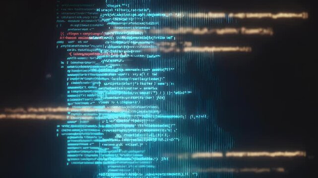 Abstract digital code stream with glowing blue and orange lines, representing data flow in a futuristic cyber environment
