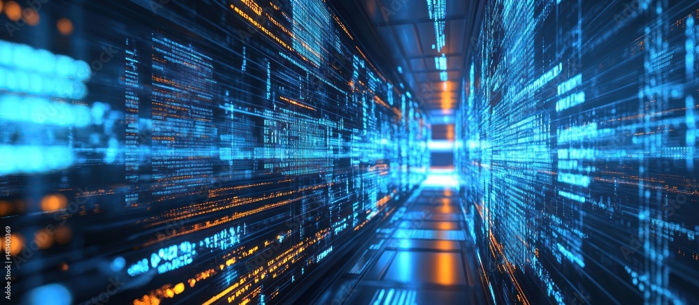 Poster immersive digital corridor displaying complex data streams and computational processes with glowing 