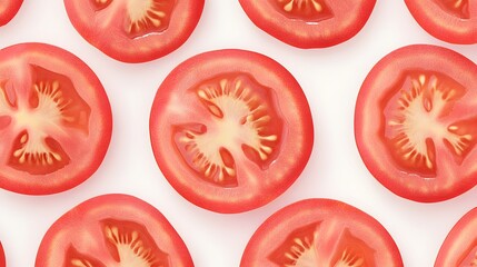 A close-up shot of several red tomato slices arranged neatly on a white background. The vibrant color and juicy texture of the tomatoes are clearly visible.