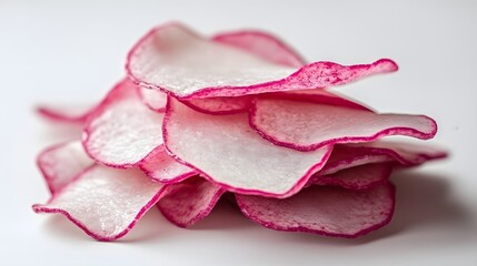 Close-up of thinly sliced radishes arranged in a delicate, flower-like pile. The vibrant pink edges contrast beautifully with the creamy white interior.