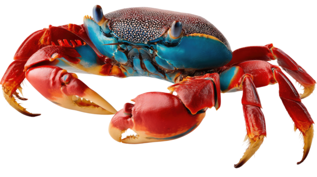 Vibrant Crab: A striking close-up of a vividly colored crab showcases its robust shell, captivating hues, and intricate texture in this macro-level, showcasing nature's beauty.