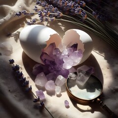 Cracked Easter Eggshell Revealing Amethyst and Quartz Crystals with Lavender and Magnifying Glass