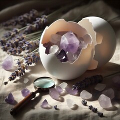 Cracked Easter Eggshell Revealing Amethyst and Quartz Crystals with Lavender and Magnifying Glass