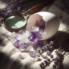 Cracked Easter Eggshell Revealing Amethyst and Quartz Crystals with Lavender and Magnifying Glass