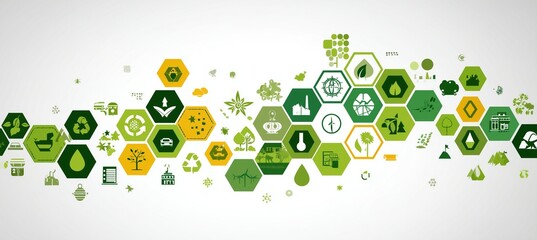 Sustainable business or green business illustration background with connected icons concept related to environmental protection and sustainability. with hexagonal shape
