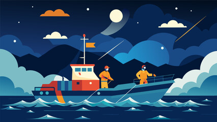 Naklejka premium A stormy night at sea but the crew of a fishing boat remains confident due to the reliable data navigation tools guiding them to their fishing grounds.. Vector illustration